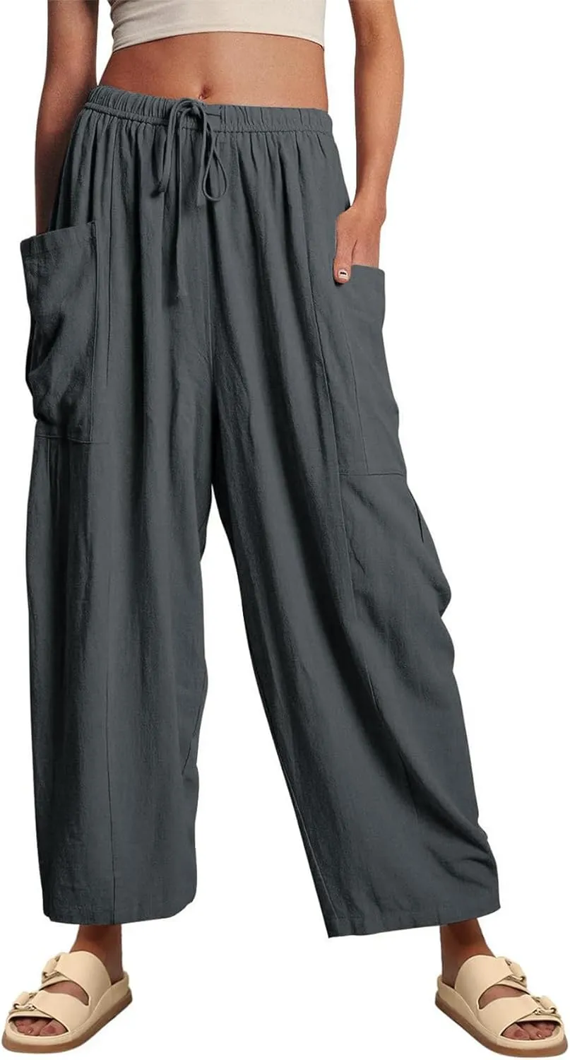 Women Cotton Linen Wide Leg Baggy Pants Casual Drawstring Elastic Waist Harem Pant Loose Straight Leg Beach Pants with Pocket