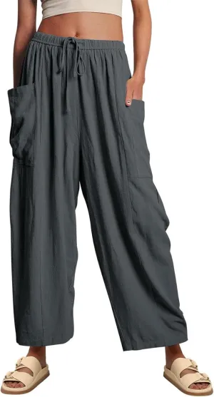 Women Cotton Linen Wide Leg Baggy Pants Casual Drawstring Elastic Waist Harem Pant Loose Straight Leg Beach Pants with Pocket