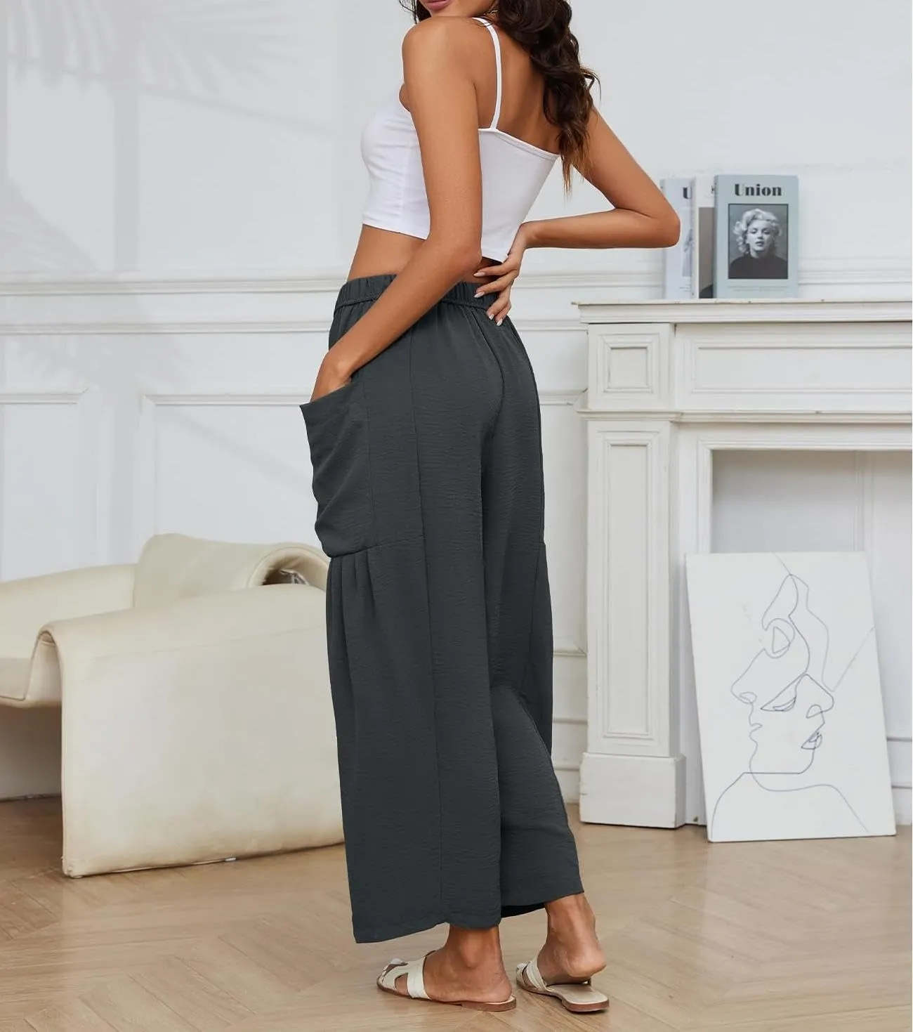 Women Cotton Linen Wide Leg Baggy Pants Casual Drawstring Elastic Waist Harem Pant Loose Straight Leg Beach Pants with Pocket