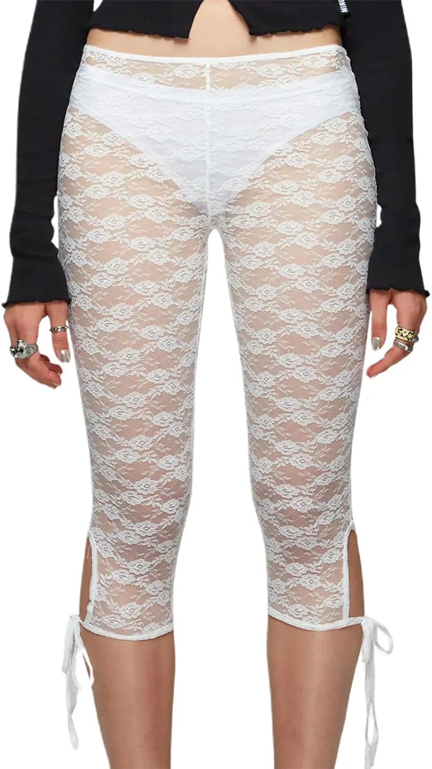 Women Floral Lace Sheer Mesh Capri Pants See-Through Elastic High Waist Bandage Cutout Leggings Trousers