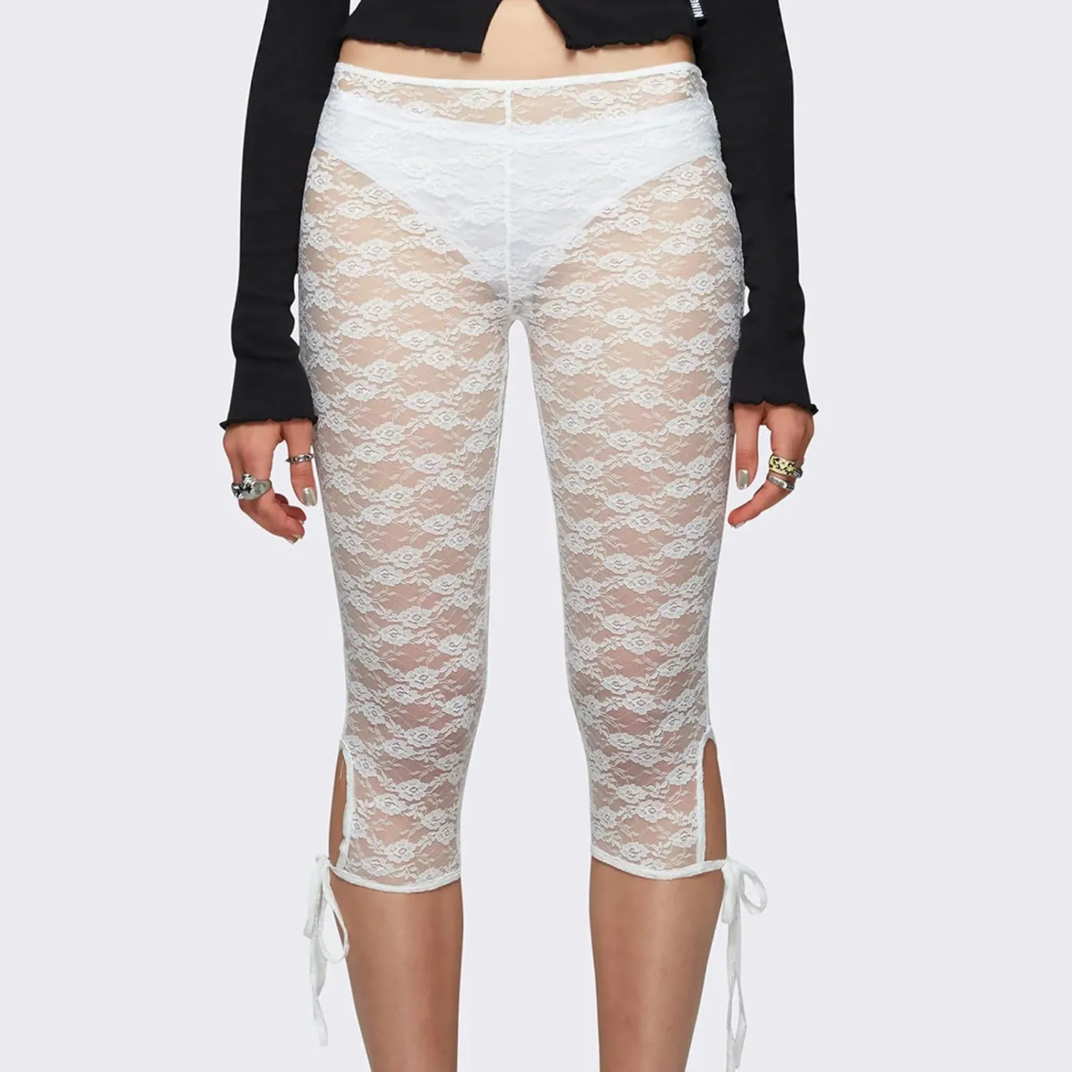 Women Floral Lace Sheer Mesh Capri Pants See-Through Elastic High Waist Bandage Cutout Leggings Trousers