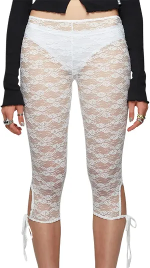 Women Floral Lace Sheer Mesh Capri Pants See-Through Elastic High Waist Bandage Cutout Leggings Trousers