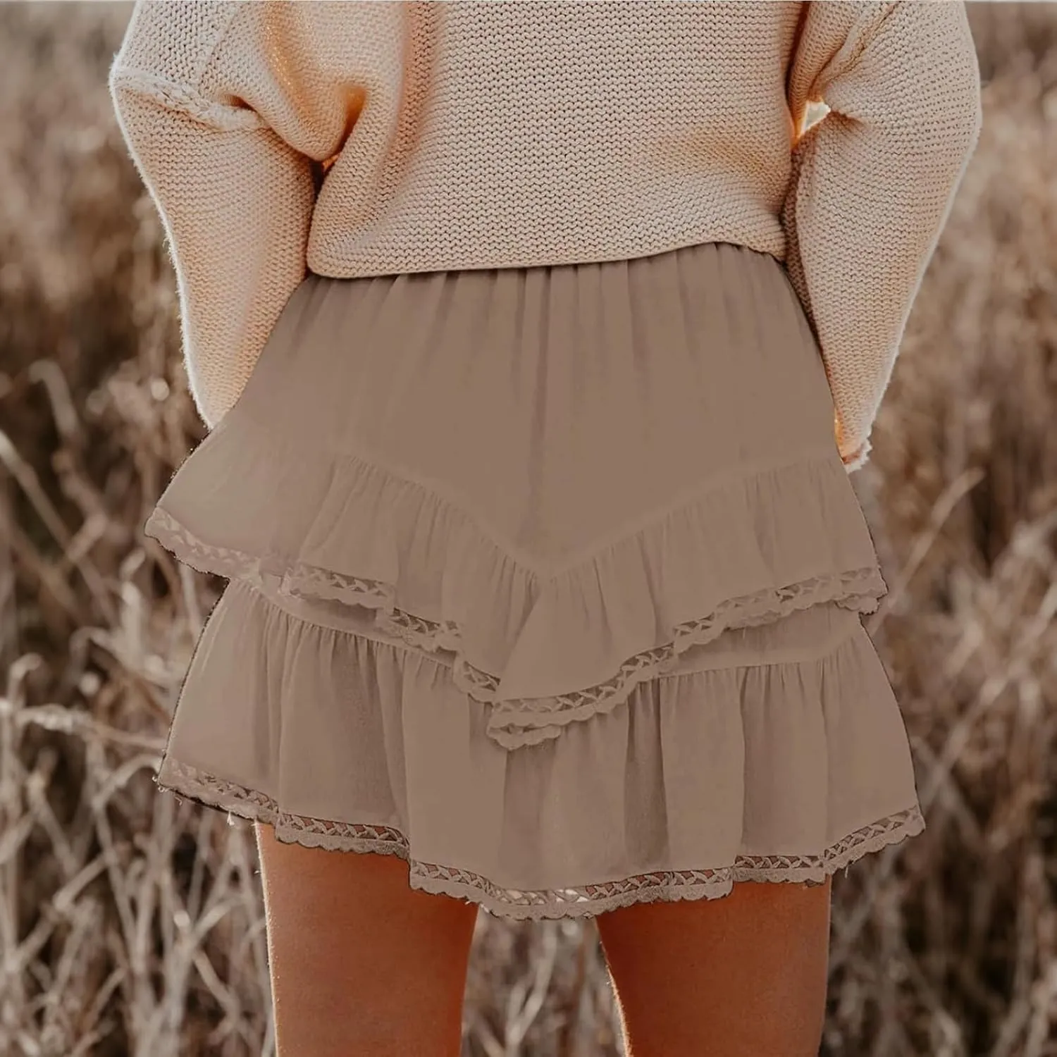 Women Flowy Shorts Casual Boho Ruffle Skirts Cute Crochet Tiered Skorts Summer Mini Skirt with Shorts Y2K Skirt