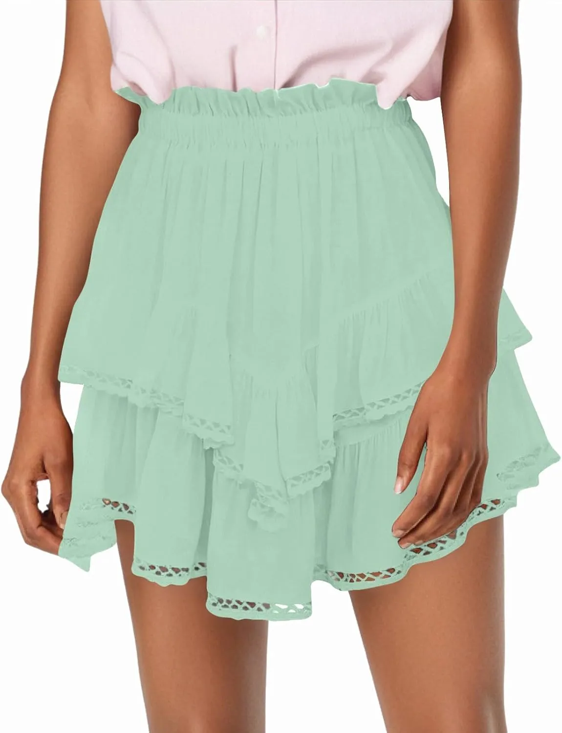 Women Flowy Shorts Casual Boho Ruffle Skirts Cute Crochet Tiered Skorts Summer Mini Skirt with Shorts Y2K Skirt