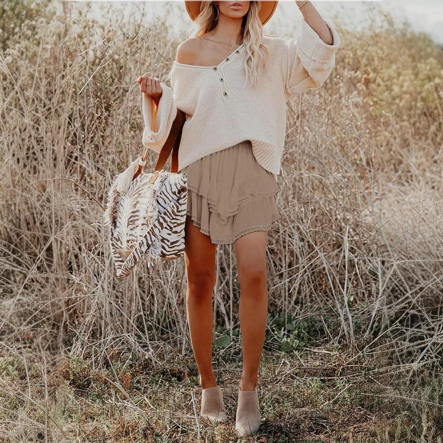 Women Flowy Shorts Casual Boho Ruffle Skirts Cute Crochet Tiered Skorts Summer Mini Skirt with Shorts Y2K Skirt