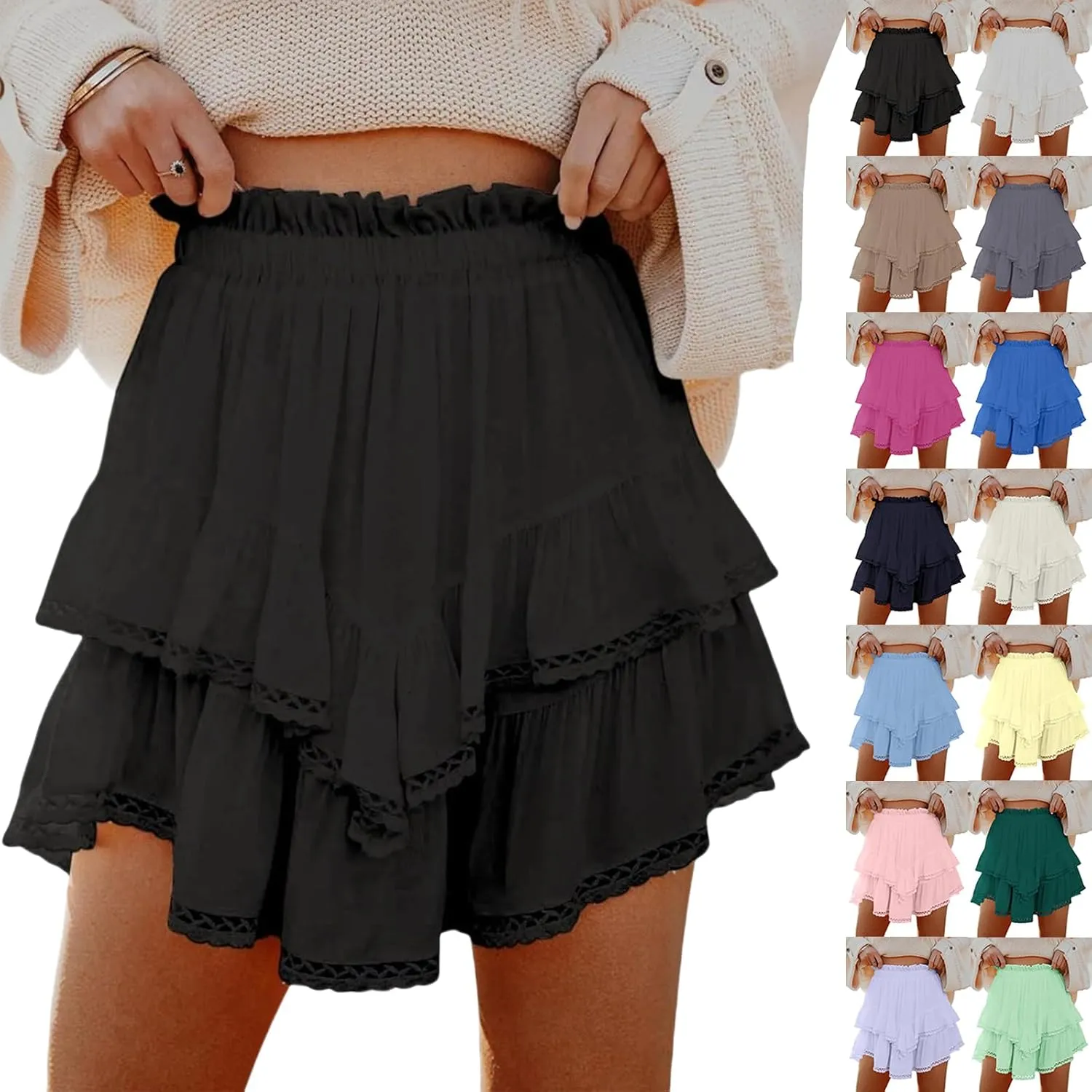 Women Flowy Shorts Casual Boho Ruffle Skirts Cute Crochet Tiered Skorts Summer Mini Skirt with Shorts Y2K Skirt