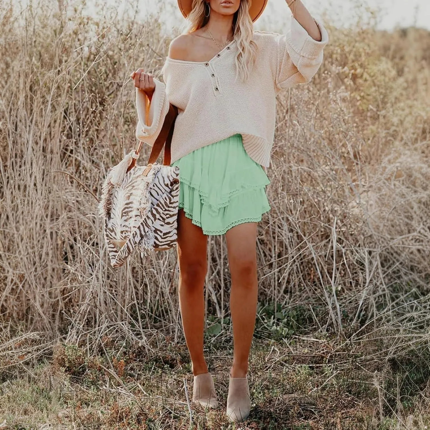 Women Flowy Shorts Casual Boho Ruffle Skirts Cute Crochet Tiered Skorts Summer Mini Skirt with Shorts Y2K Skirt