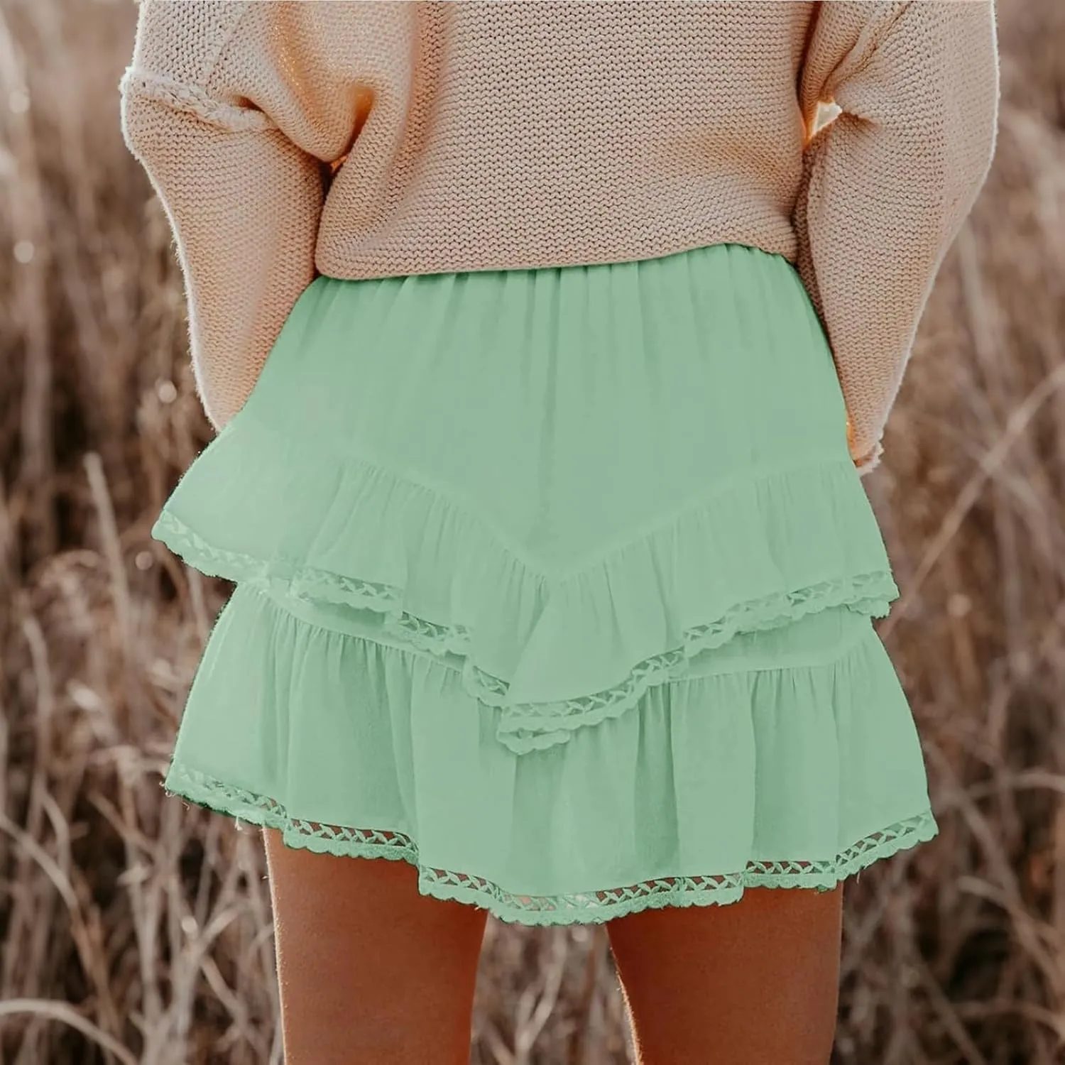 Women Flowy Shorts Casual Boho Ruffle Skirts Cute Crochet Tiered Skorts Summer Mini Skirt with Shorts Y2K Skirt