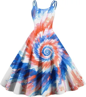 Women Fourth of July Dress Midi Red White and Blue Dresses Spaghetti Strap USA Flag Dress Holiday Festival Dresses