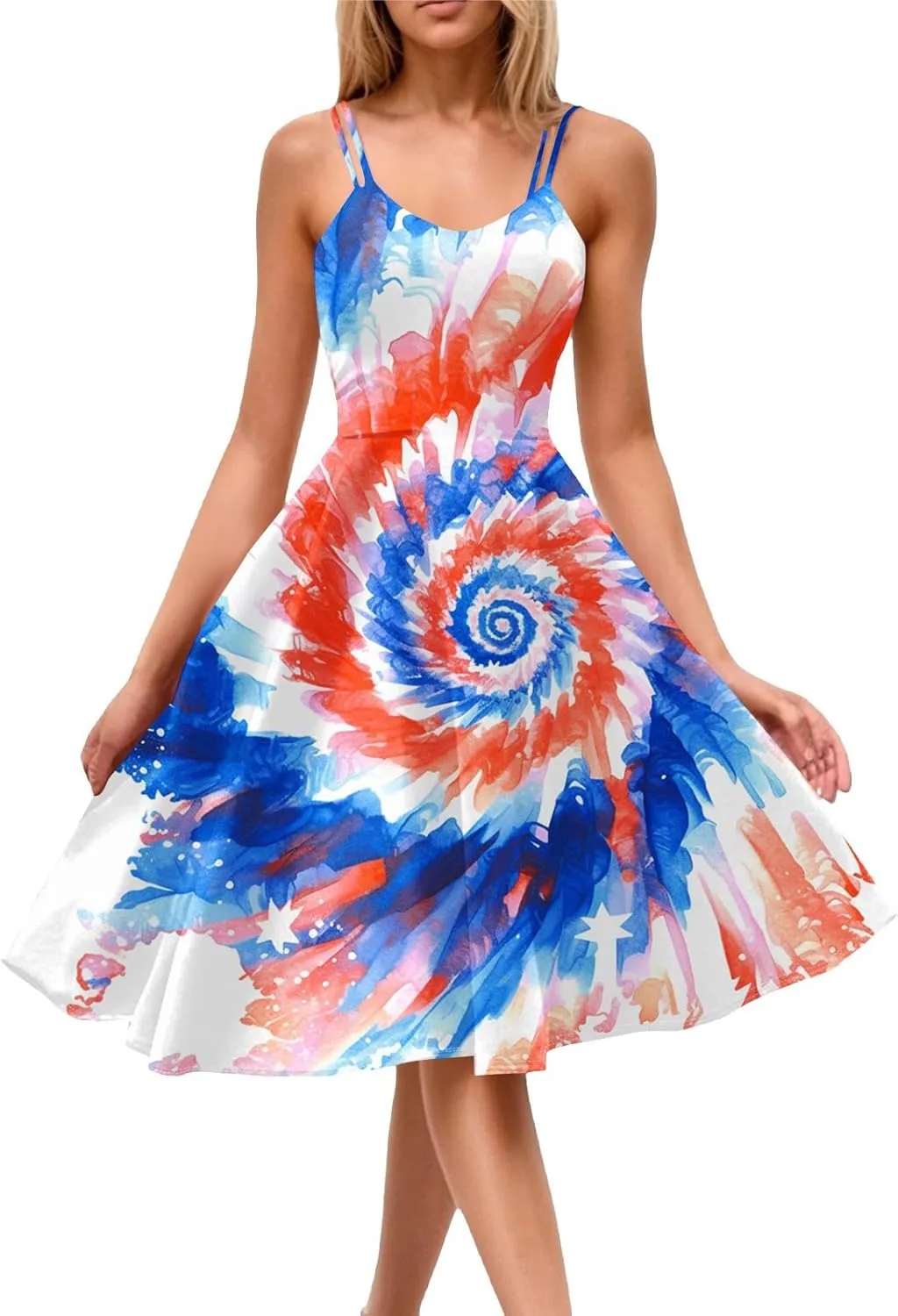 Women Fourth of July Dress Midi Red White and Blue Dresses Spaghetti Strap USA Flag Dress Holiday Festival Dresses