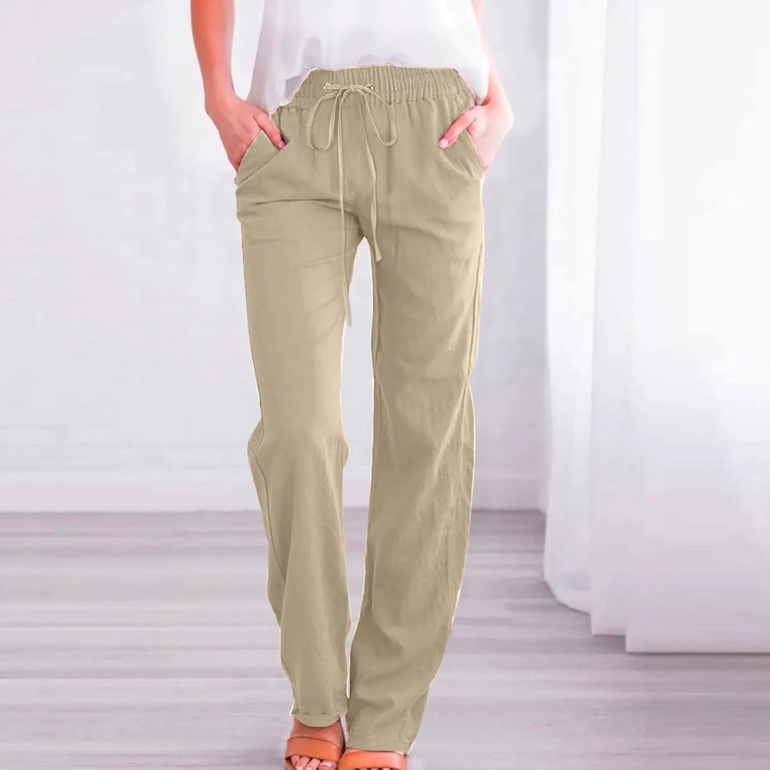Women Linen Blend Summer Baggy Palazzo Lounge Pants Low Waist Ankle Length Slim-Fit Palazzo Lounge Pants Office