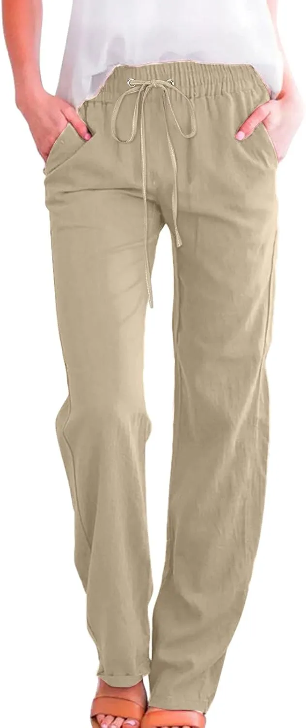 Women Linen Blend Summer Baggy Palazzo Lounge Pants Low Waist Ankle Length Slim-Fit Palazzo Lounge Pants Office
