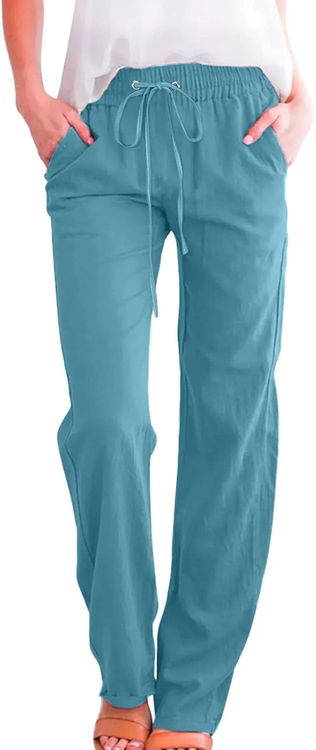 Women Linen Blend Summer Baggy Palazzo Lounge Pants Low Waist Ankle Length Slim-Fit Palazzo Lounge Pants Office