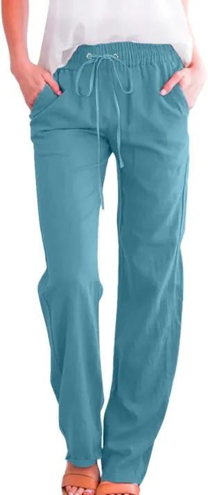 Women Linen Blend Summer Baggy Palazzo Lounge Pants Low Waist Ankle Length Slim-Fit Palazzo Lounge Pants Office