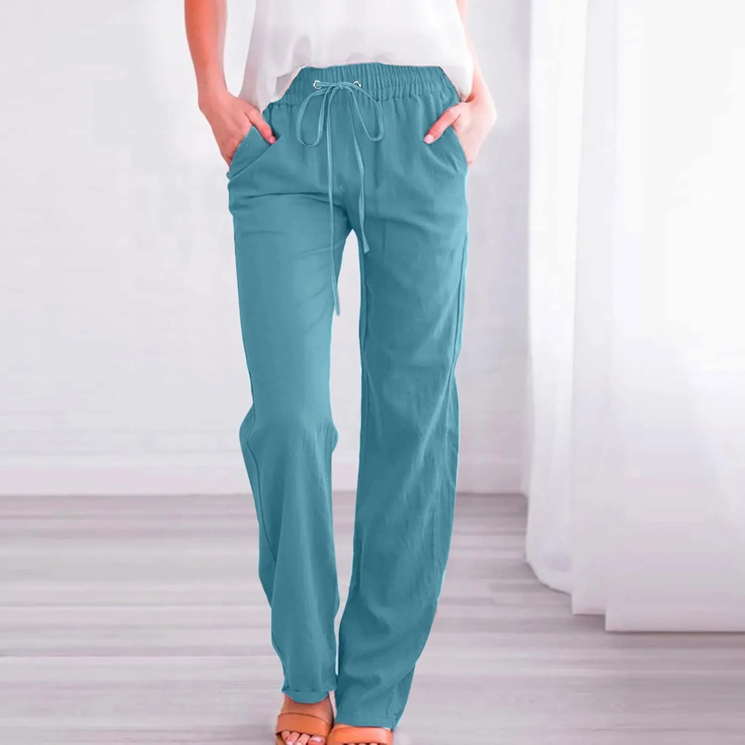 Women Linen Blend Summer Baggy Palazzo Lounge Pants Low Waist Ankle Length Slim-Fit Palazzo Lounge Pants Office
