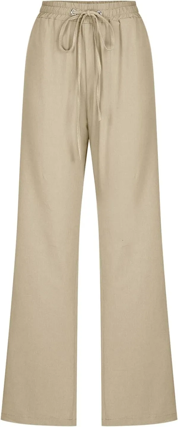 Women Linen Blend Summer Baggy Palazzo Lounge Pants Low Waist Ankle Length Slim-Fit Palazzo Lounge Pants Office