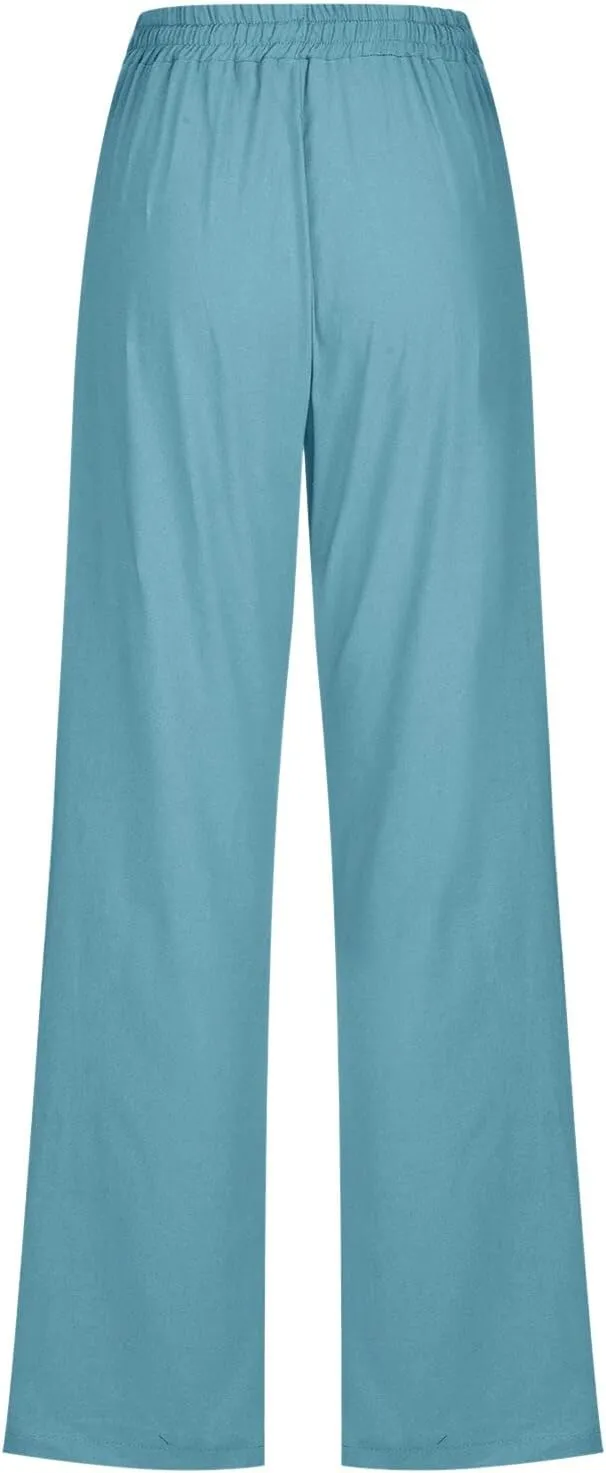 Women Linen Blend Summer Baggy Palazzo Lounge Pants Low Waist Ankle Length Slim-Fit Palazzo Lounge Pants Office