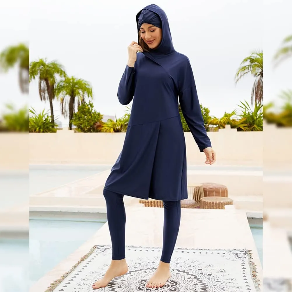 Women Muslim Swimwear Islamic Modest Swimsuit 3 Pieces Full Cover Hijab Long Sleeve Burkini Top Dress   Pants