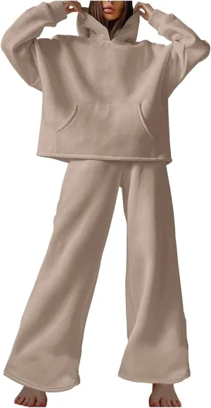 Women Oversized Sweatsuit Two Piece Outfits Plus Size Hooded Sweatshirt Wide Leg Pants Suit Casual Loungewear Sets