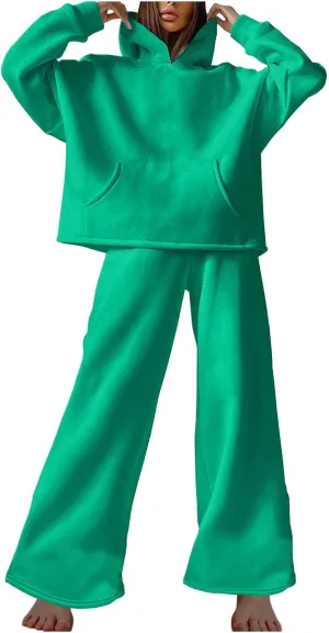 Women Oversized Sweatsuit Two Piece Outfits Plus Size Hooded Sweatshirt Wide Leg Pants Suit Casual Loungewear Sets