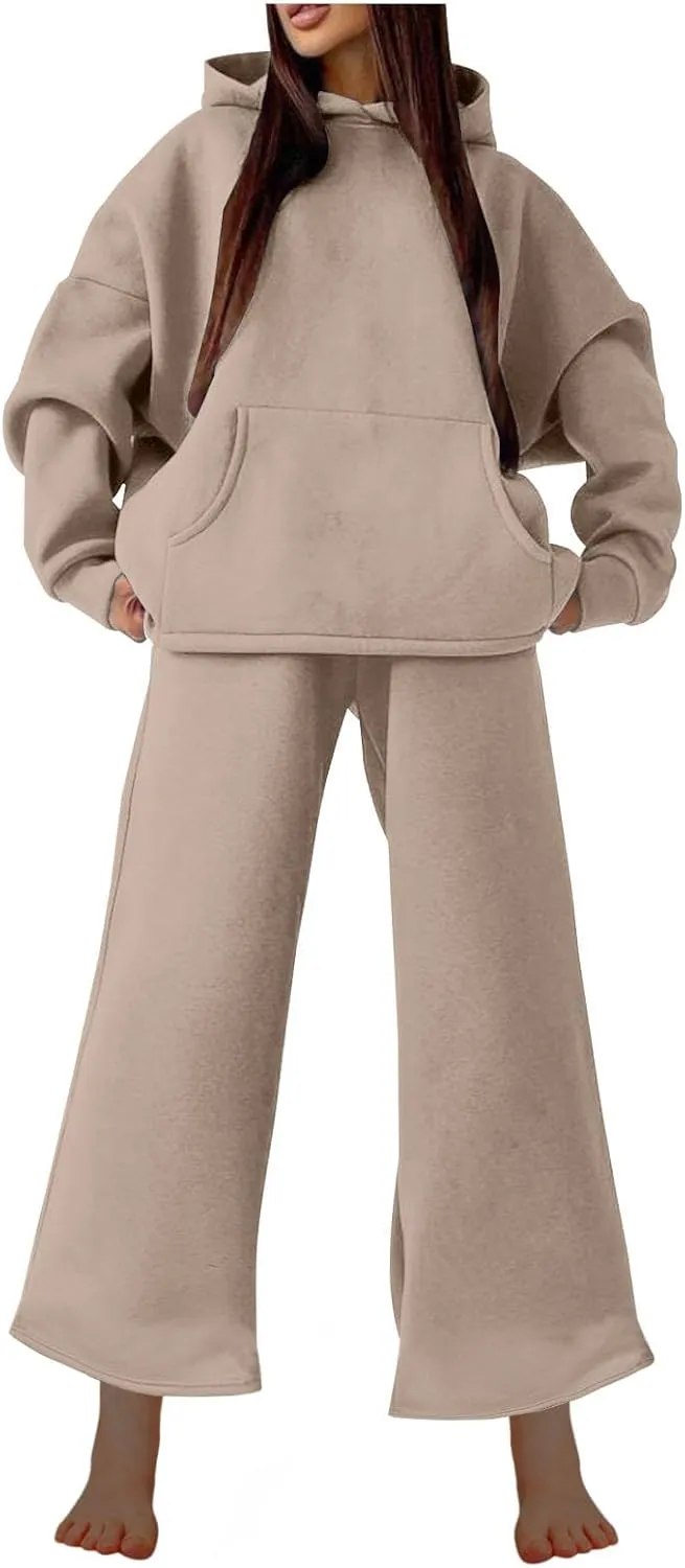 Women Oversized Sweatsuit Two Piece Outfits Plus Size Hooded Sweatshirt Wide Leg Pants Suit Casual Loungewear Sets