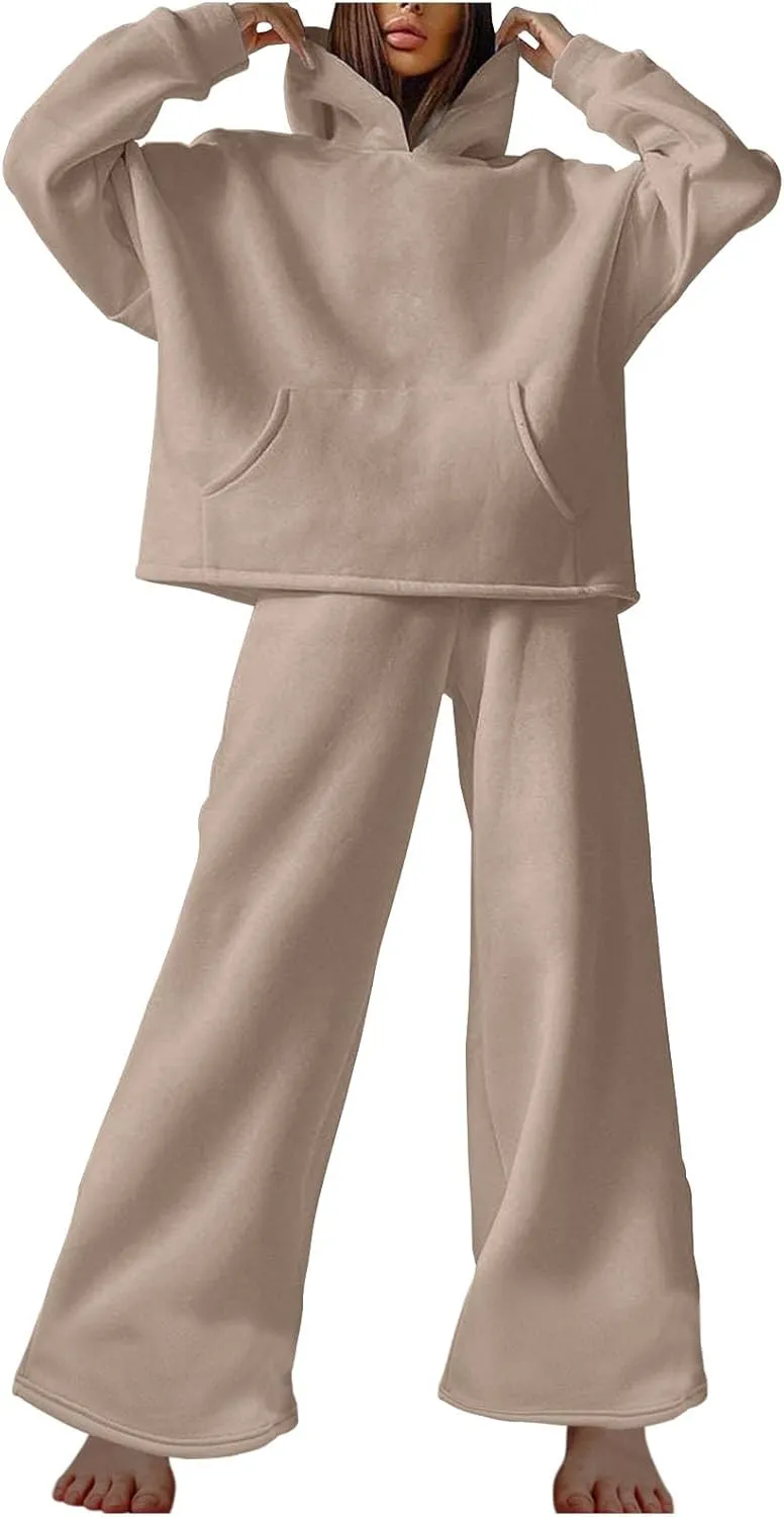 Women Oversized Sweatsuit Two Piece Outfits Plus Size Hooded Sweatshirt Wide Leg Pants Suit Casual Loungewear Sets