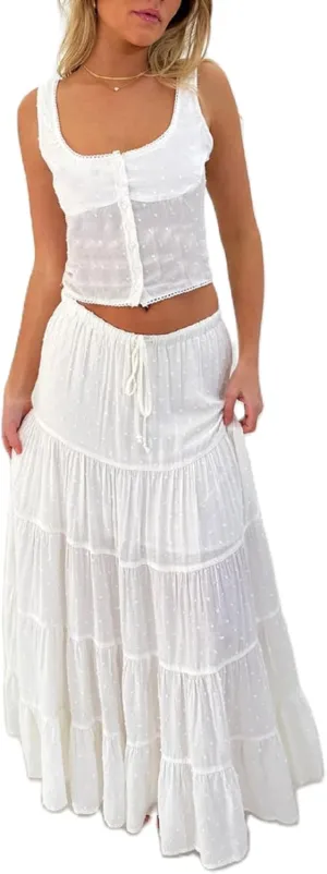 Women Ruffle 2 Piece Skirt Set Spaghetti Strap Lace Trim Cami Top Tiered Flowy Long Skirt Summer Going Out Outfits