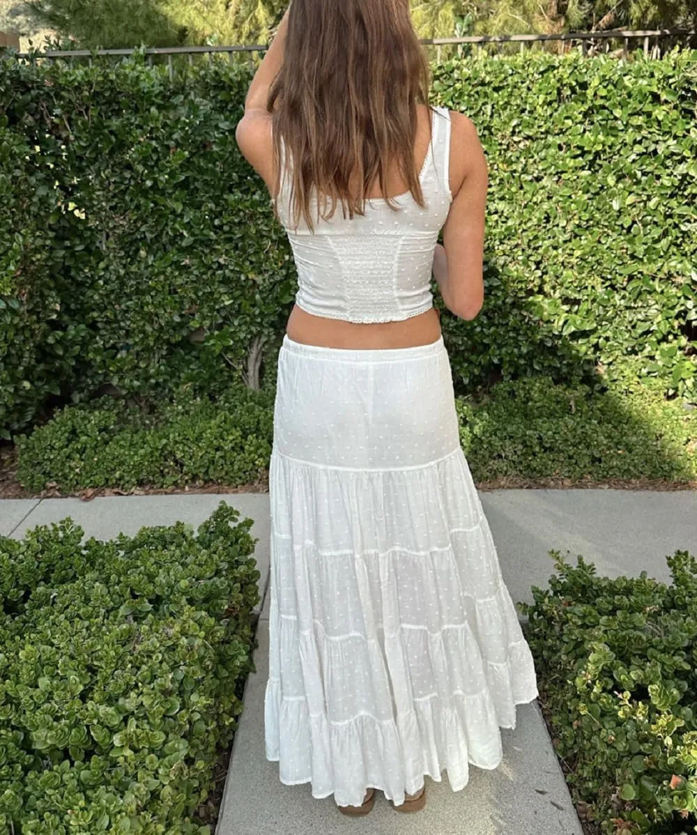 Women Ruffle 2 Piece Skirt Set Spaghetti Strap Lace Trim Cami Top Tiered Flowy Long Skirt Summer Going Out Outfits