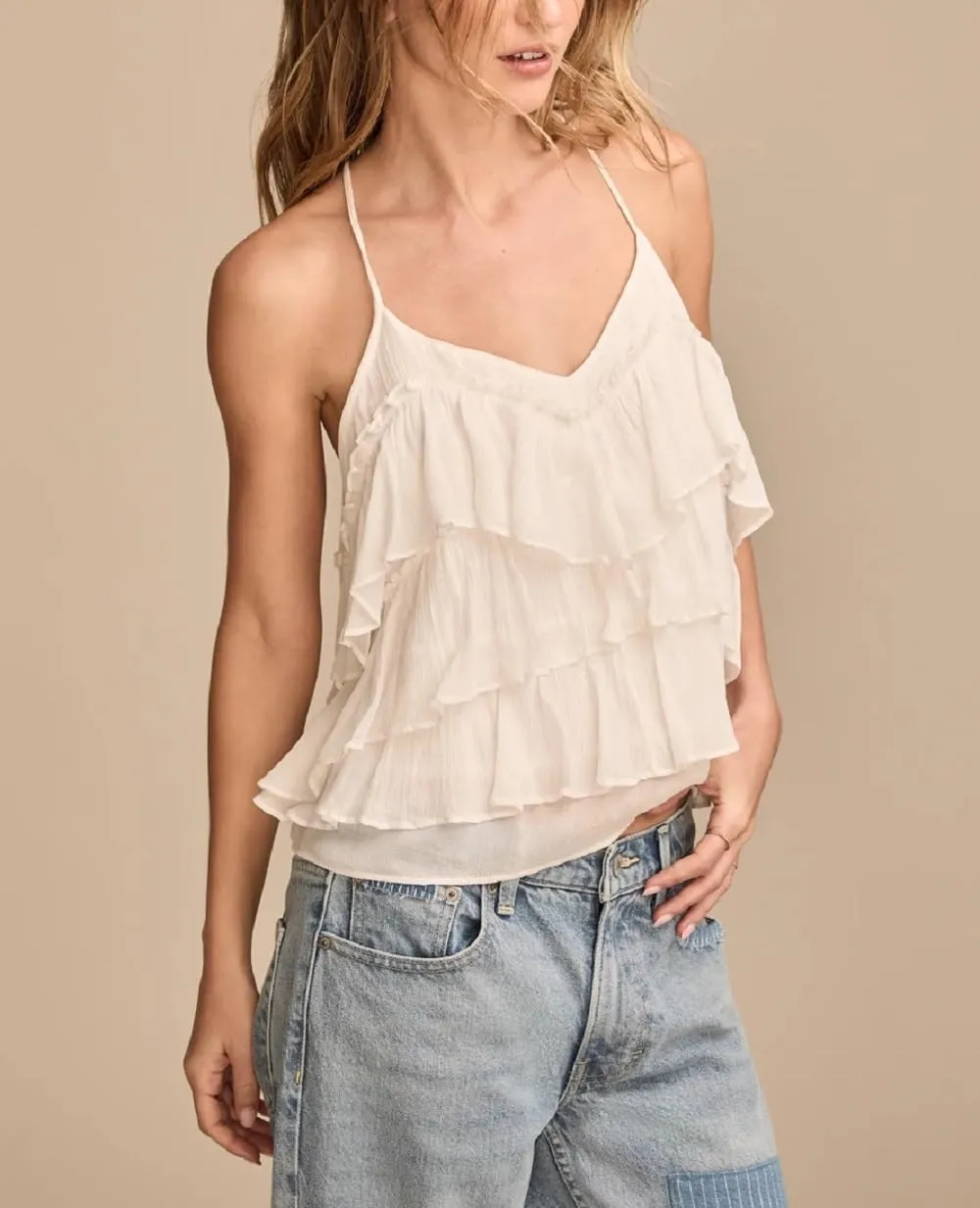 Women Ruffle Tiered Layered Tops Halter Tank Top Spaghetti Strap Babydoll Camisole Cute Boho Summer Tops