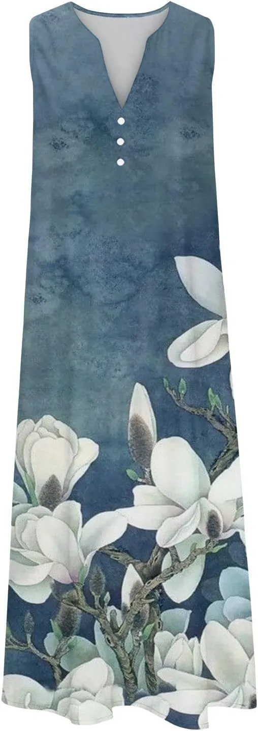 Women Sleeveless Casual Midi Dresses Cute Flower Graphic Print Sun Dresses Loose Vintage Beach Dress with Pockets
