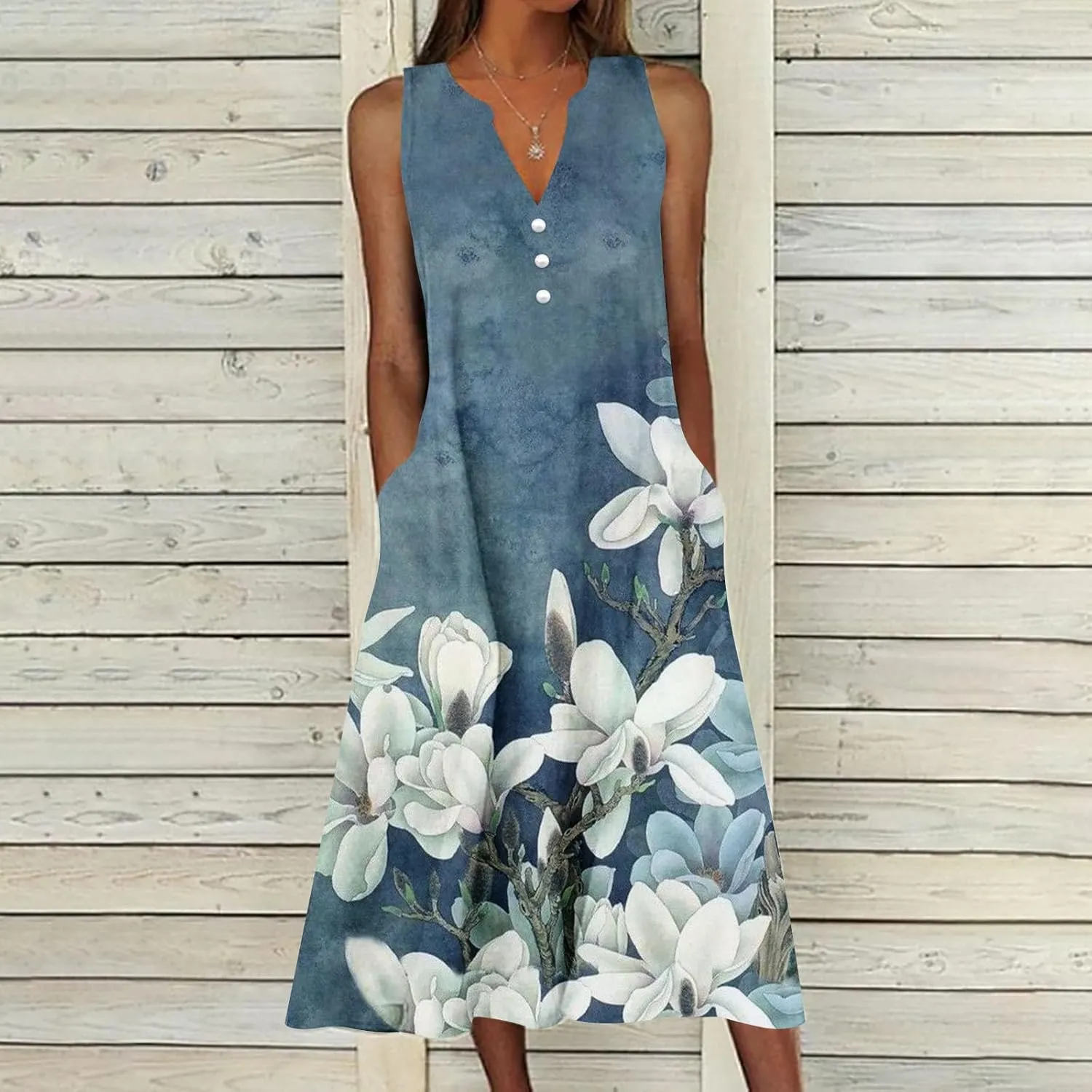 Women Sleeveless Casual Midi Dresses Cute Flower Graphic Print Sun Dresses Loose Vintage Beach Dress with Pockets