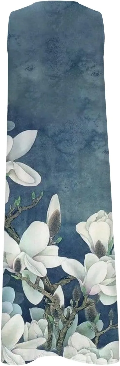 Women Sleeveless Casual Midi Dresses Cute Flower Graphic Print Sun Dresses Loose Vintage Beach Dress with Pockets