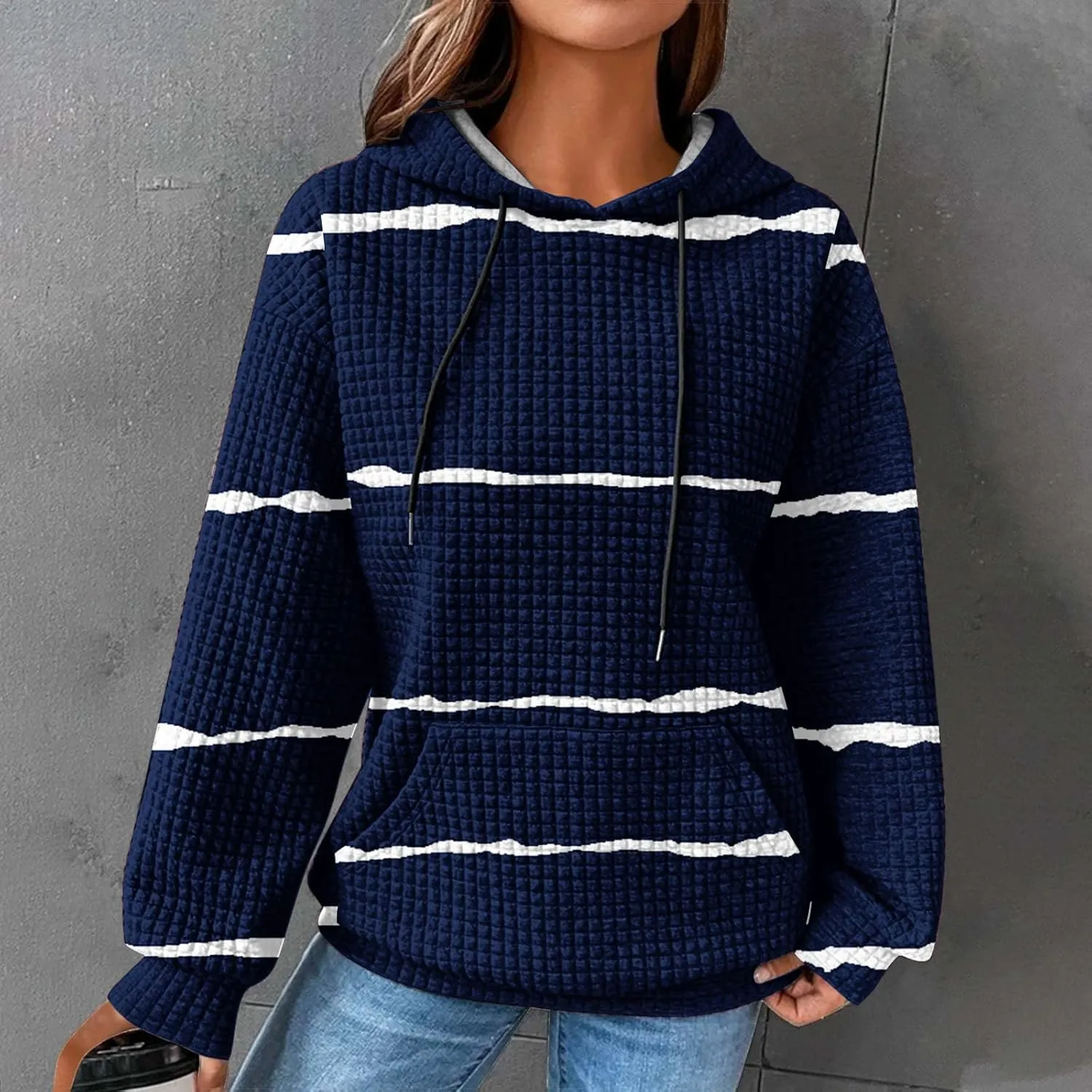 Women Striped Oversized Hoodies Long Sleeve Color Block Sweatshirt Drawstring Pullover Waffle Knit Tops Fall Outfits
