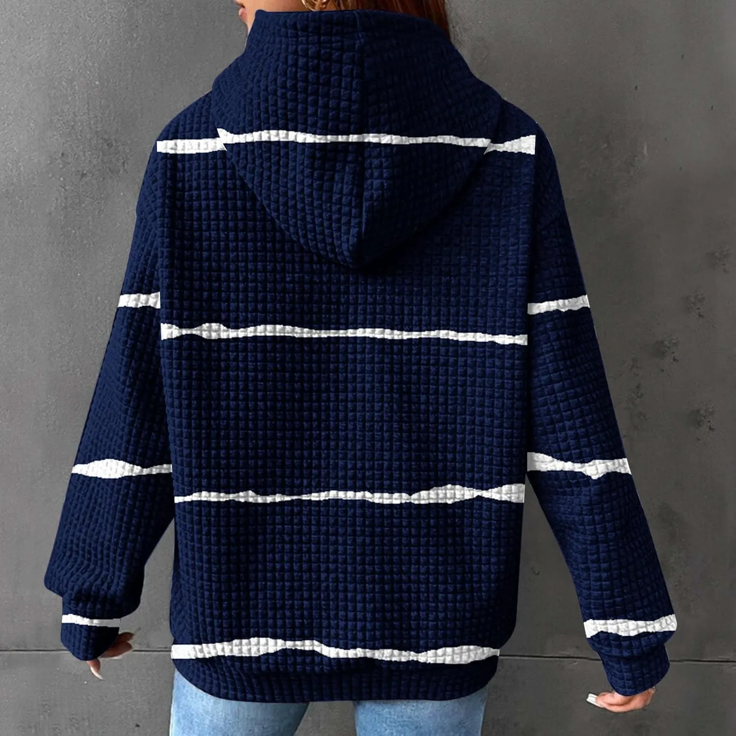 Women Striped Oversized Hoodies Long Sleeve Color Block Sweatshirt Drawstring Pullover Waffle Knit Tops Fall Outfits