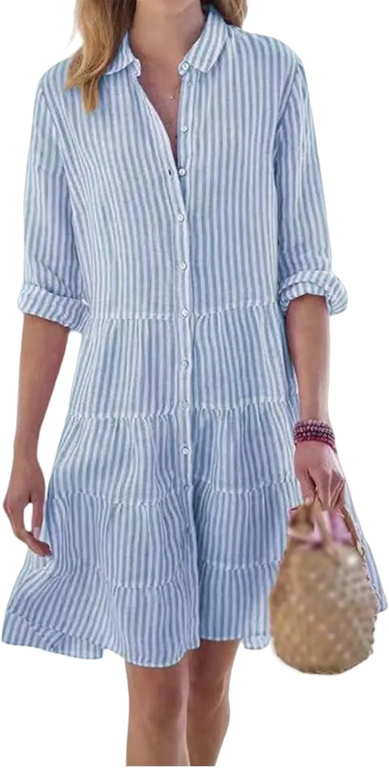 Women Striped Shirt Dresses Casual Loose V Neck Button Down Mini Dress 2025 Summer A Line Flowy Swing Dress