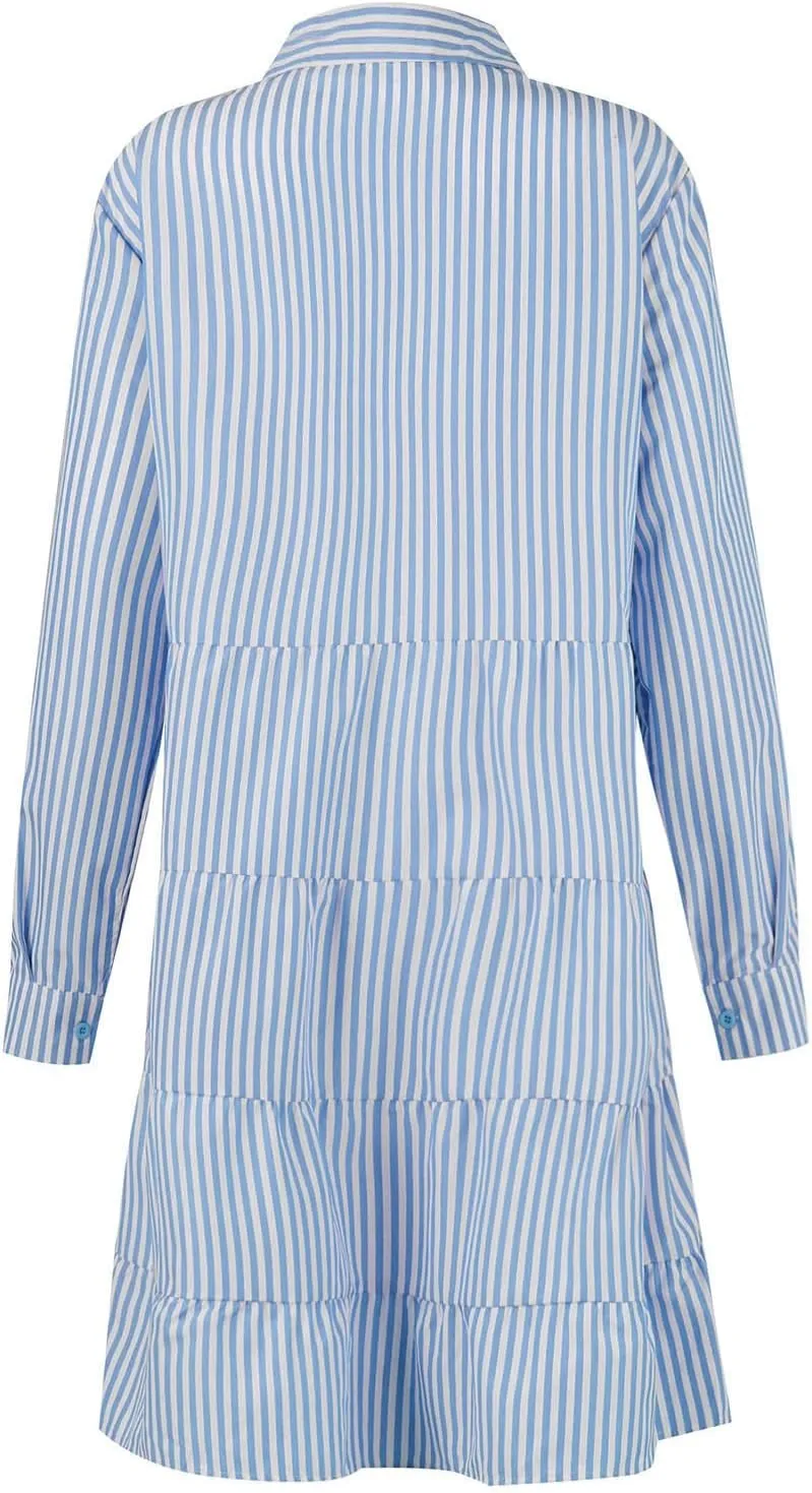 Women Striped Shirt Dresses Casual Loose V Neck Button Down Mini Dress 2025 Summer A Line Flowy Swing Dress