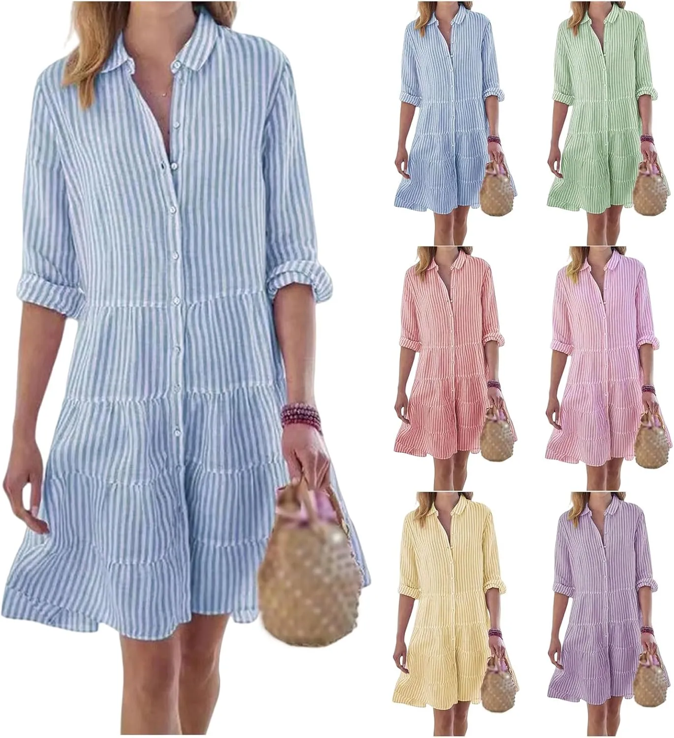 Women Striped Shirt Dresses Casual Loose V Neck Button Down Mini Dress 2025 Summer A Line Flowy Swing Dress