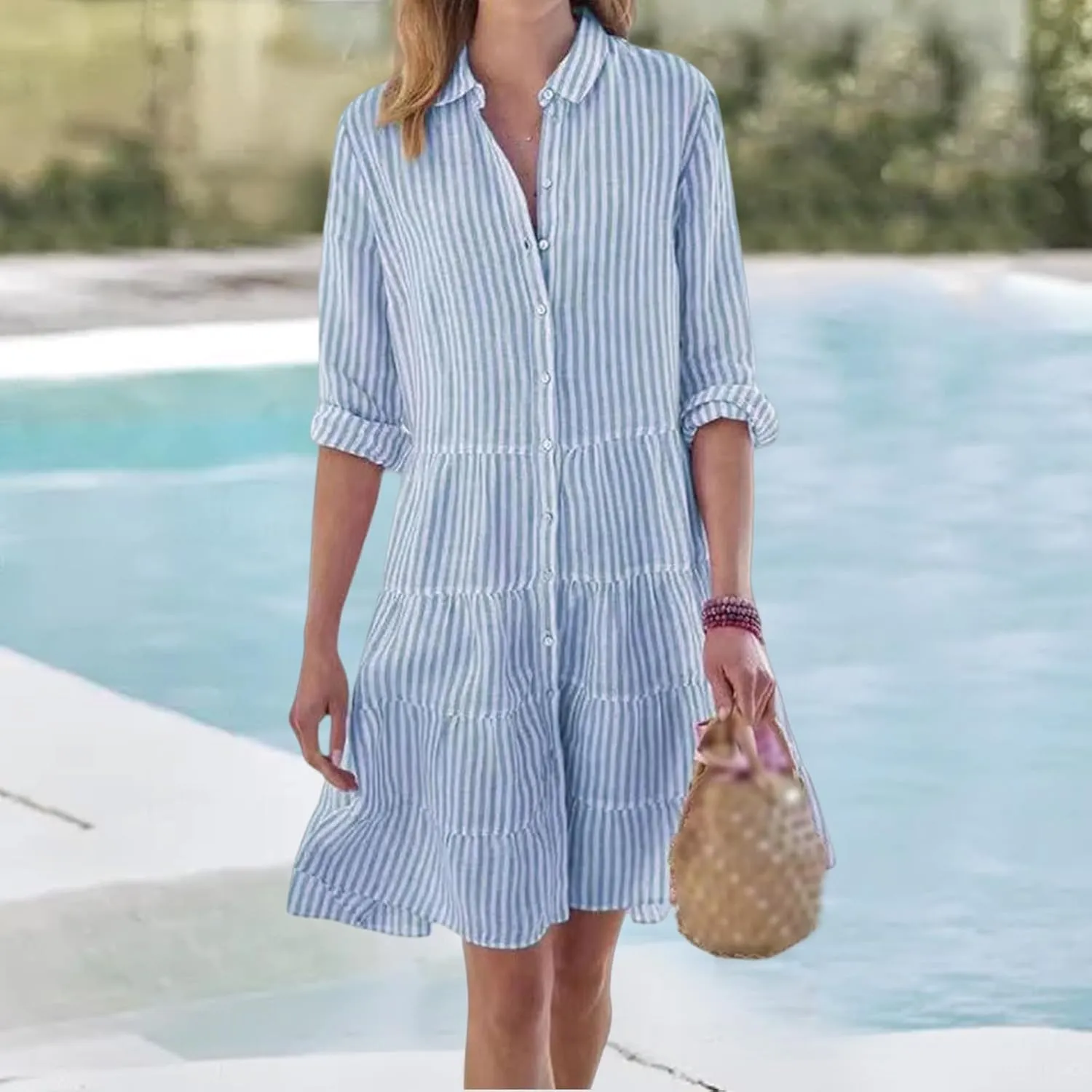 Women Striped Shirt Dresses Casual Loose V Neck Button Down Mini Dress 2025 Summer A Line Flowy Swing Dress