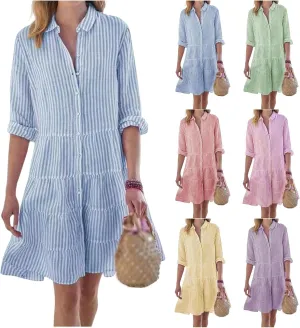 Women Striped Shirt Dresses Casual Loose V Neck Button Down Mini Dress 2025 Summer A Line Flowy Swing Dress