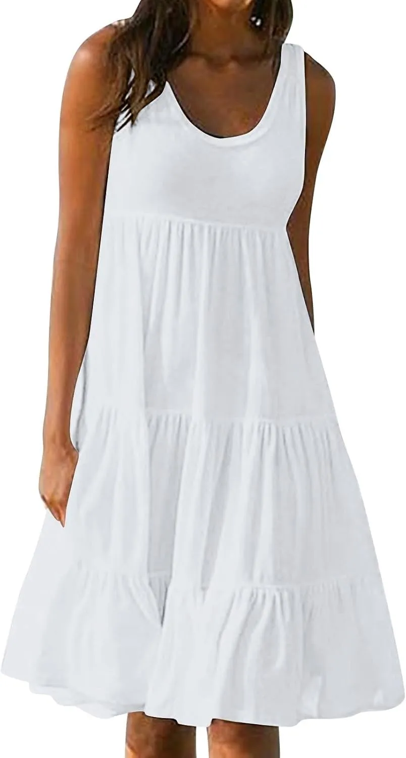 Women Summer Dresses Plus Size Casual Sleeveless Boho Midi Dress Crewneck Ruffle Tiered Swing Beach Vacation Dress