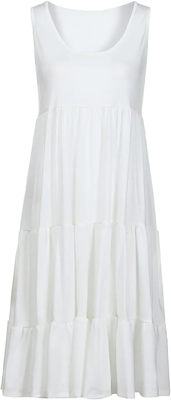 Women Summer Dresses Plus Size Casual Sleeveless Boho Midi Dress Crewneck Ruffle Tiered Swing Beach Vacation Dress