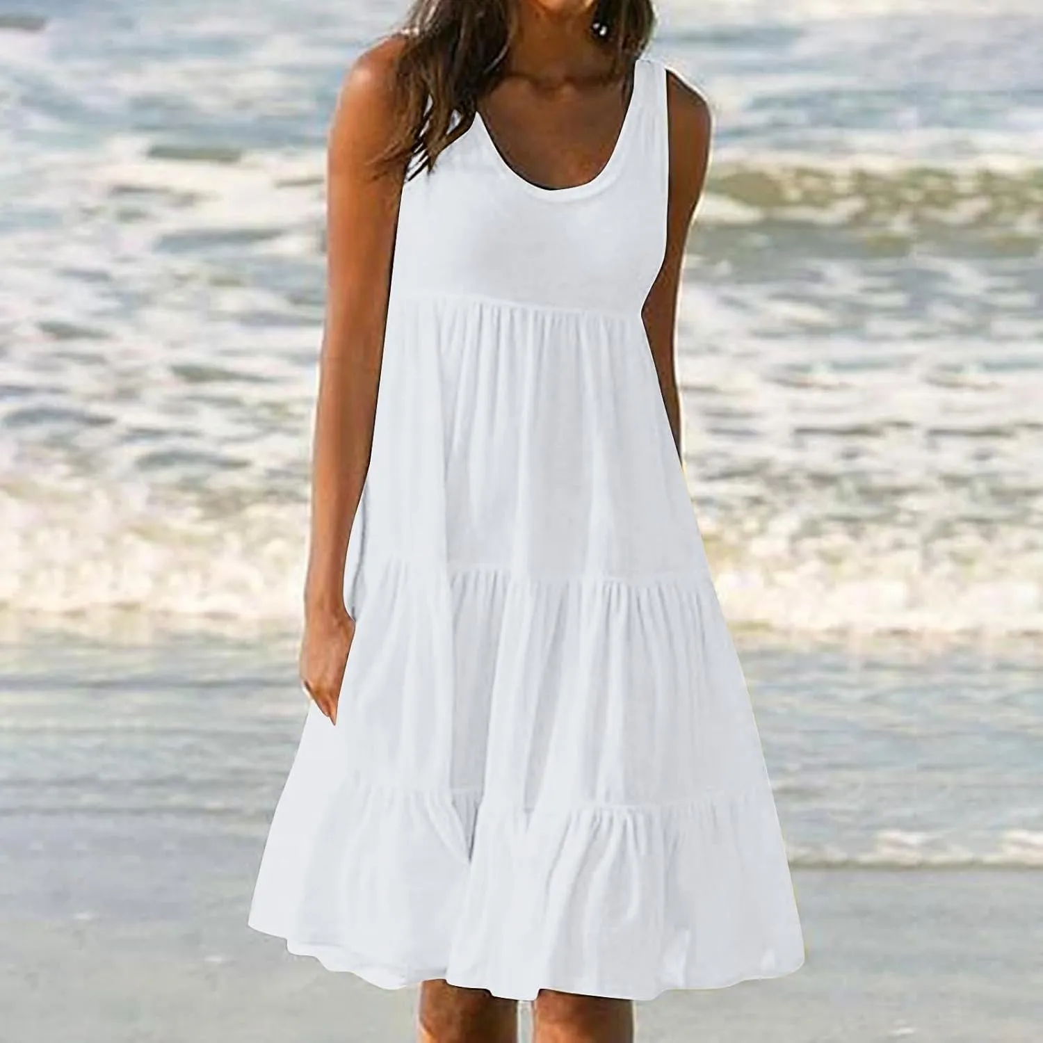 Women Summer Dresses Plus Size Casual Sleeveless Boho Midi Dress Crewneck Ruffle Tiered Swing Beach Vacation Dress