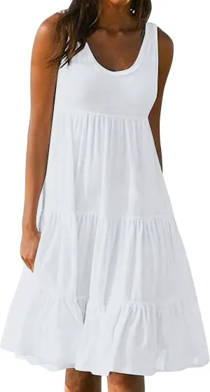 Women Summer Dresses Plus Size Casual Sleeveless Boho Midi Dress Crewneck Ruffle Tiered Swing Beach Vacation Dress