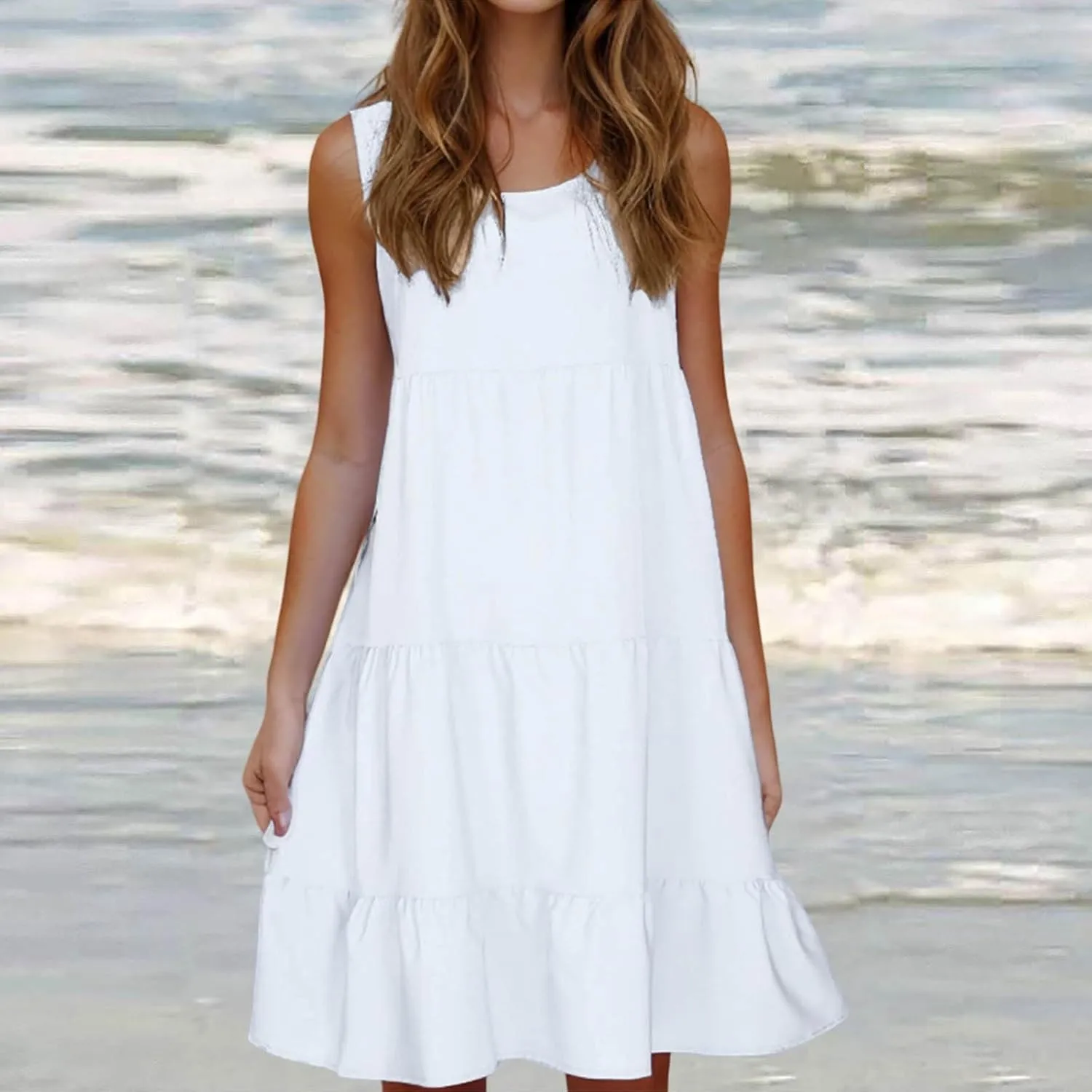 Women Summer Dresses Plus Size Casual Sleeveless Boho Midi Dress Crewneck Ruffle Tiered Swing Beach Vacation Dress