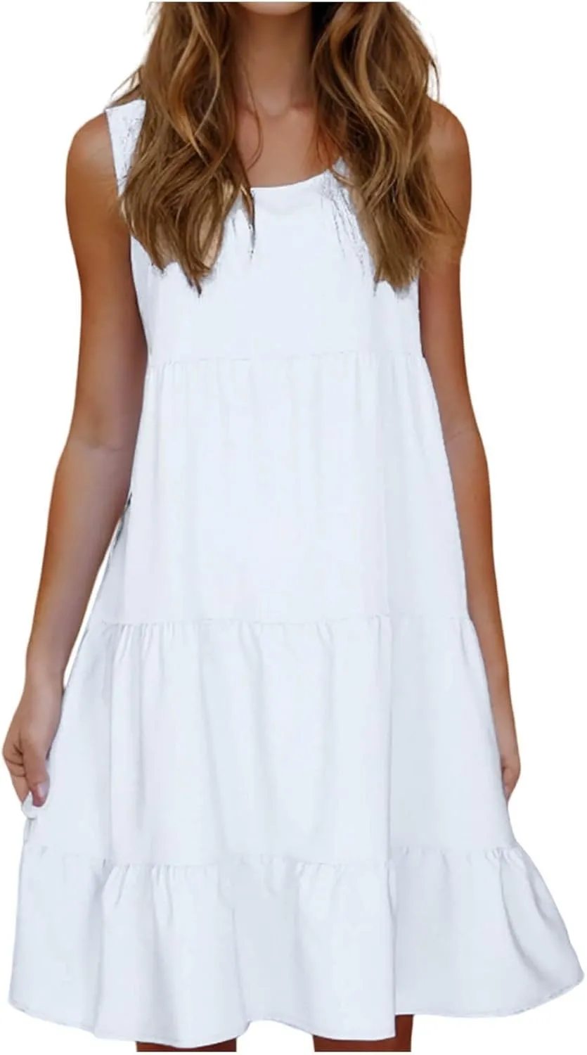 Women Summer Dresses Plus Size Casual Sleeveless Boho Midi Dress Crewneck Ruffle Tiered Swing Beach Vacation Dress