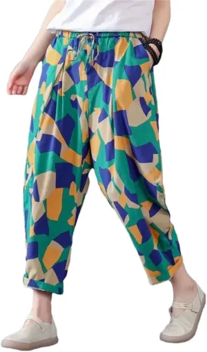 Women Summer Printing Harem Pants Mother Loose Retro Ankle Length Cotton and Linen Pants