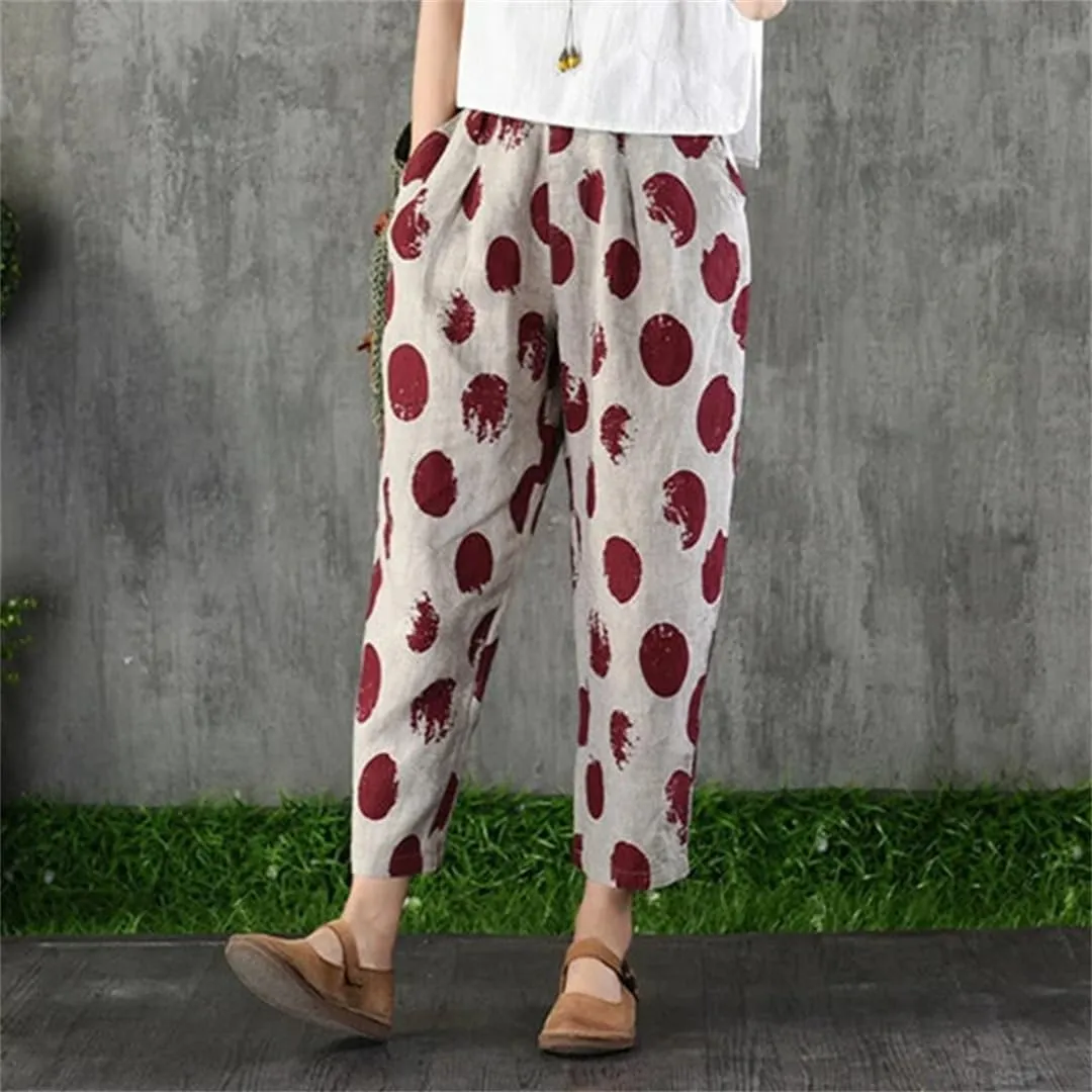 Women Summer Printing Harem Pants Mother Loose Retro Ankle Length Cotton and Linen Pants