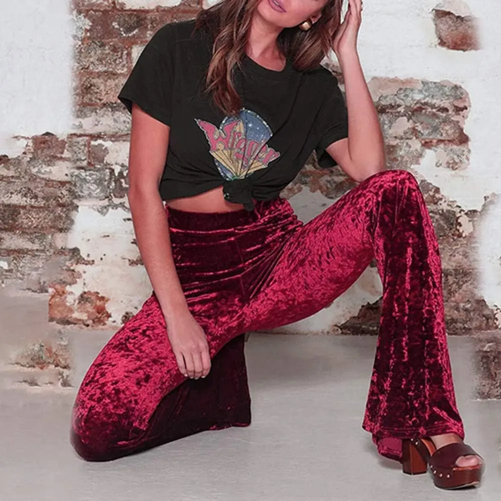 Women Velvet High Waist Wide Leg Long Palazzo Bell Bottom Yoga Pants Flare Pants