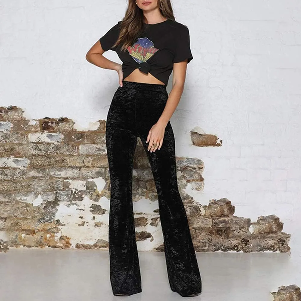 Women Velvet High Waist Wide Leg Long Palazzo Bell Bottom Yoga Pants Flare Pants
