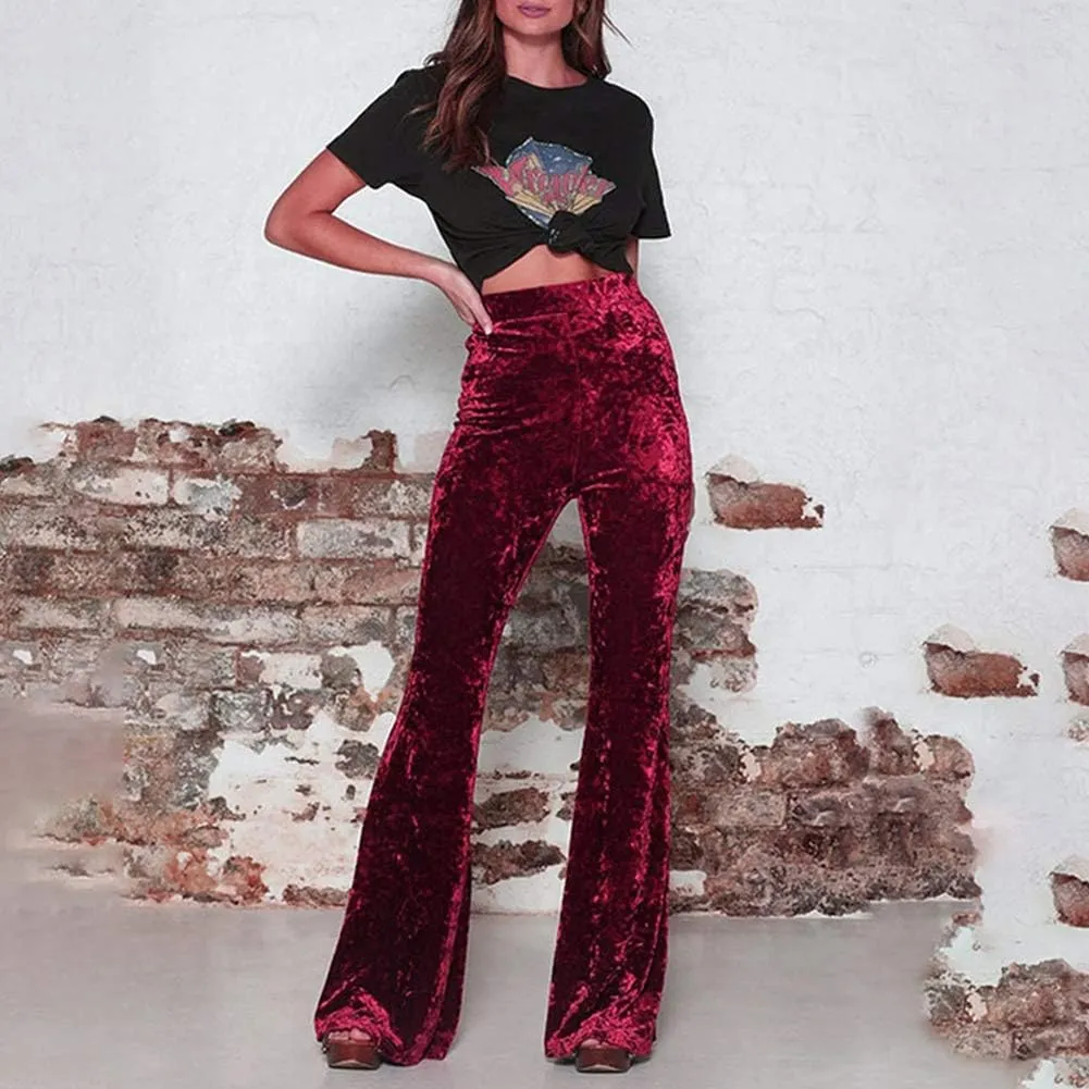 Women Velvet High Waist Wide Leg Long Palazzo Bell Bottom Yoga Pants Flare Pants